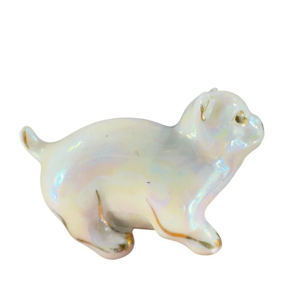 Vintage 1980s Ceramic Porcelain Luster Ware Iridescent Finish Kitty Cat Figurine